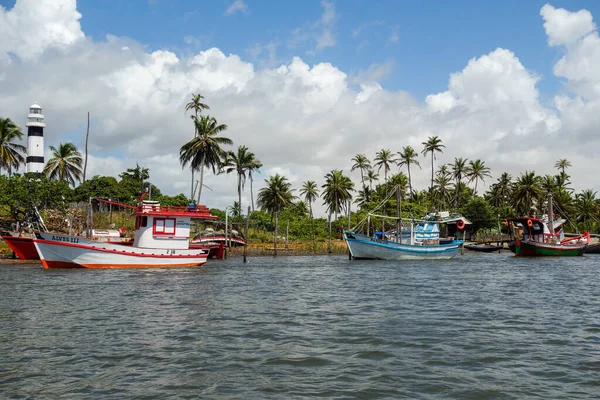 View Colorful Fishing Vessels Floating Water Mandacaru Maranhao Brazil — Stock Photo, Image