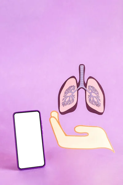 Rendered Hand Show Lungs Figure Smart Phone Blank Screen — Stock Photo, Image