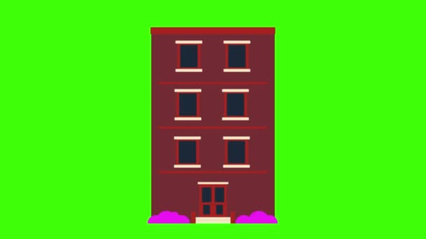 Appartement Gebouw Cartoon Animatie Geïsoleerd Groen — Stockvideo