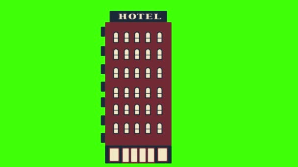 Hotel Épület Rajzfilm Animáció Elszigetelt Zöld — Stock videók