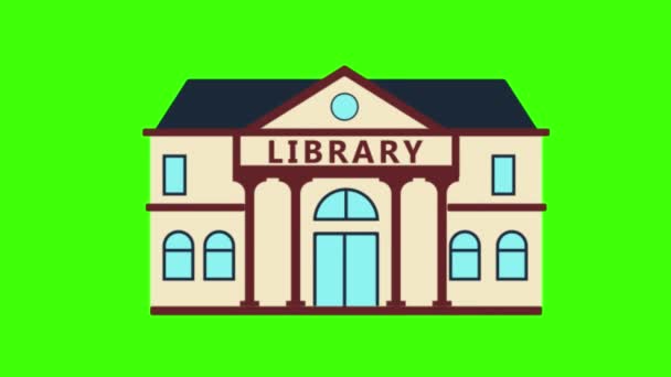 Bibliothek Gebäude Cartoon Animation Isoliert Auf Grün — Stockvideo