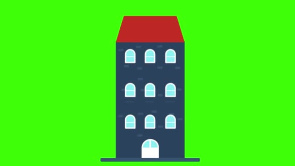 Edificio Apartamentos Animación Dibujos Animados Aislados Verde — Vídeo de stock