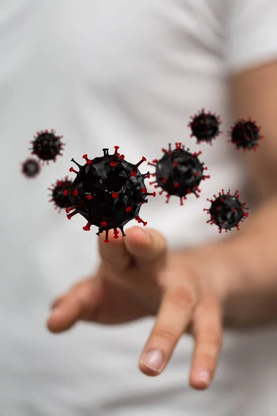 Uma Renderização Uma Mão Tocando Células Coronavírus Pandemia Quarentena — Fotografia de Stock