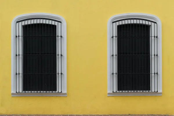 Two Windows Yellow Facade Black Doors Metal Grille — Stock Photo, Image