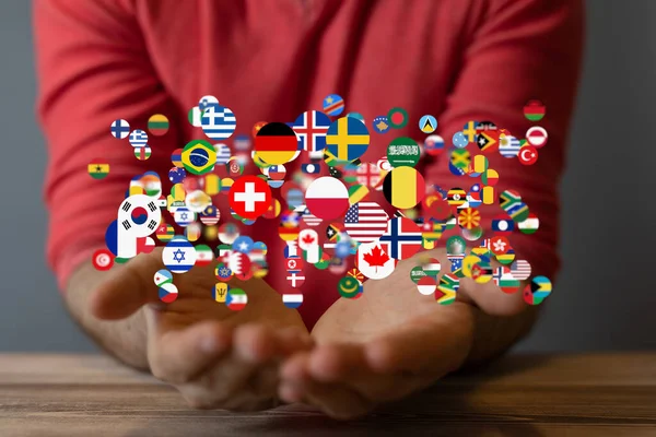 Uma Renderização Bandeiras Nacionais Mundo Flutuando Conceito Comunicação Hands Global — Fotografia de Stock