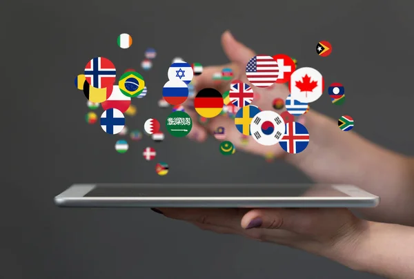 Återgivning Världens Flaggor Och Manlig Handhållen Smartphone — Stockfoto