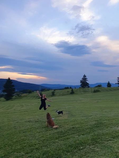 Colpo Verticale Una Donna Felice Con Cani Una Natura — Foto Stock