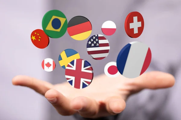 Återgivning Världens Flaggor Och Manlig Hand Suddig Bakgrund — Stockfoto