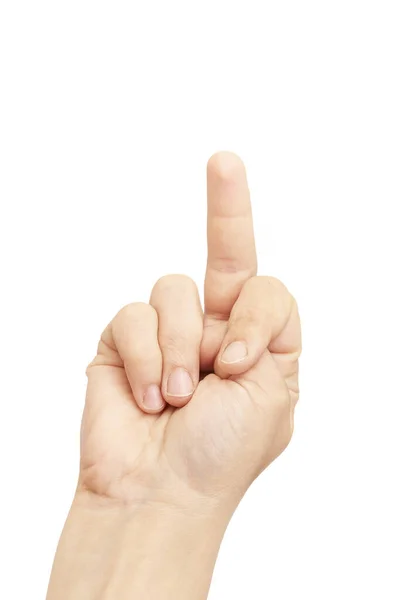 Tiro Vertical Uma Mão Mostrando Dedo Médio Isolado Fundo Branco — Fotografia de Stock