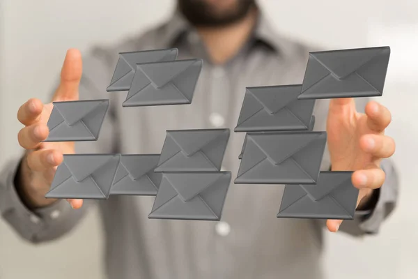 Uma Renderização Envelopes Digitais Flutuando Entre Mãos Masculinas Conceito Comunicação — Fotografia de Stock