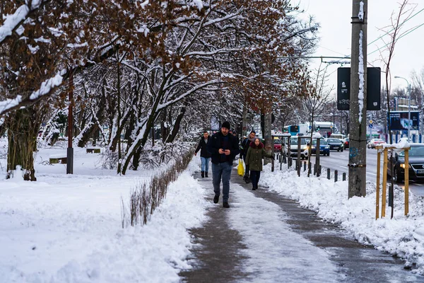 Bucharest Romania Gennaio 2021 Gente Abiti Caldi Cammina Sentiero Innevato — Foto Stock