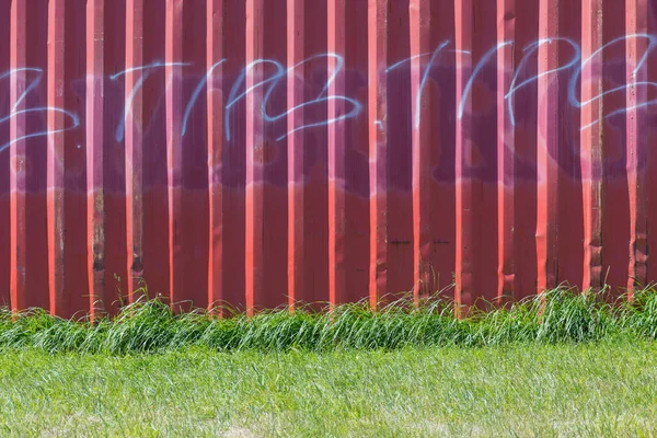 Una Vista Frontal Lado Contenedor Envío Graffiado Rojo Con Césped — Foto de Stock