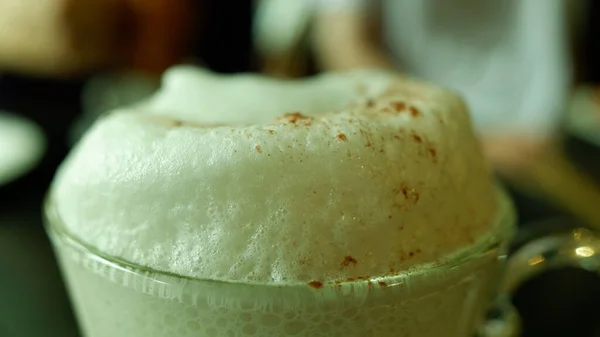 Closeup Foam Cup Cappuccino Cafe — Stock Photo, Image