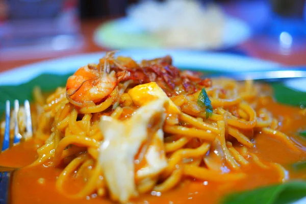 Close Macarrão Espaguete Com Camarão — Fotografia de Stock