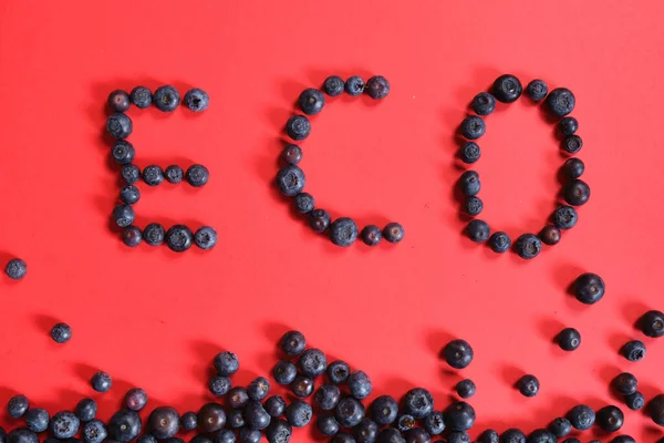 Kata Eco Terbuat Dari Blueberry Segar Dengan Latar Belakang Kuning — Stok Foto
