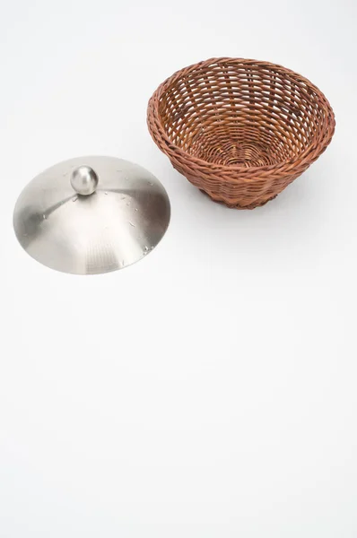 Empty Wicker Canister Metal Lid White Background Copy Space — Stock Photo, Image