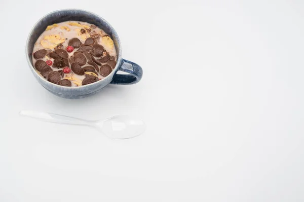 Свежий Вкусный Завтрак Молоком Шоколадными Хлопьями Копировальным Местом — стоковое фото