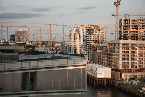 Hamburg Allemagne Août 2021 Beaucoup Grues Bâtiments Sous Construction Coucher — Photo