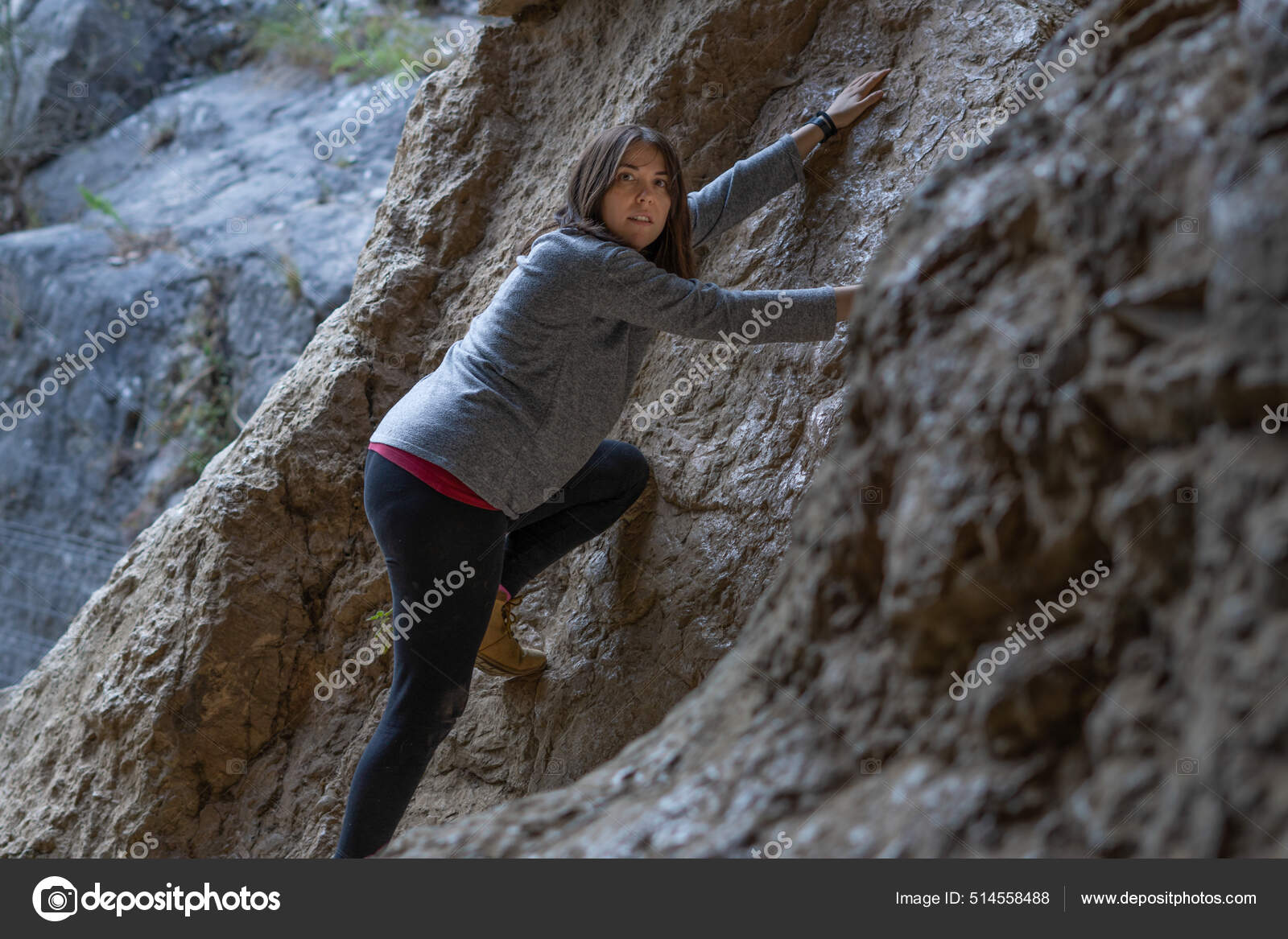 Young Girl Learning Rock Climbing High Mountain Blue Sweater Black