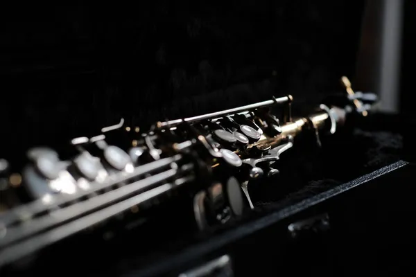 Closeup Shot Saxophone Buttons Dark Room — Stock Photo, Image