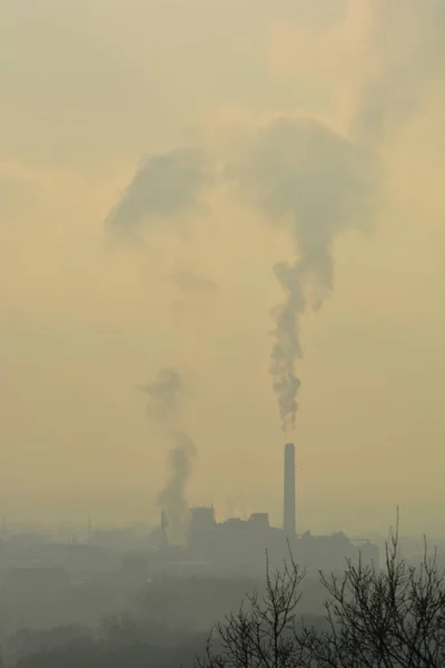 Vertical Shot Smoke Coming Factory Cloudy Day — Stock Photo, Image