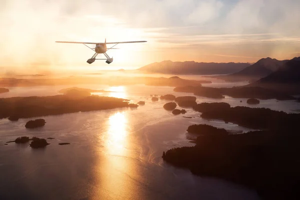 飞机在太平洋西海岸上空飞行 3D渲染飞机 来自加拿大不列颠哥伦比亚省温哥华岛Tofino的空中背景 — 图库照片