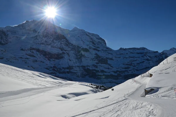 Blanco Nieve Invierno Montaña Panorama Jungfrau Top Europe Alpes Suizos — Foto de Stock