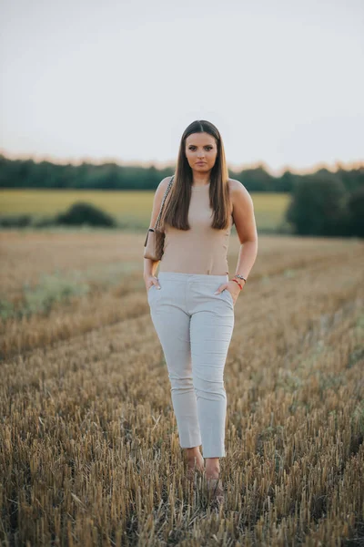 Vertical Shot Young Caucasian Female Model Posing Wheat Field — 스톡 사진