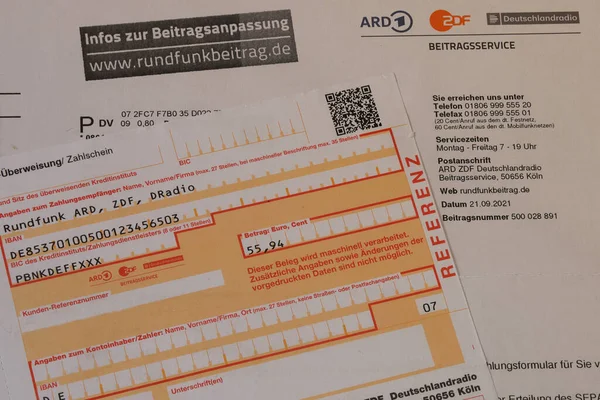 Erfurt Alemanha Setembro 2021 Formulário Taxa Radiodifusão Alemã Formulário Bancário — Fotografia de Stock