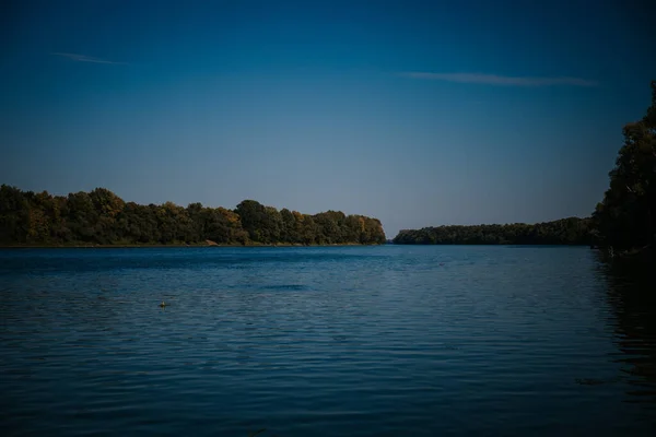Uma Vista Natural Belo Lago Calmo Floresta Sob Céu Azul — Fotografia de Stock