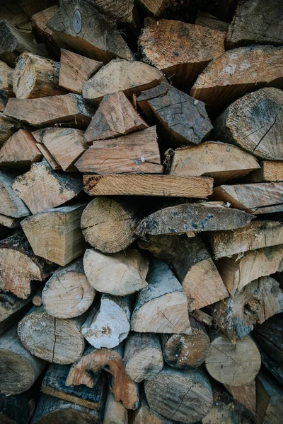 Ertical Shot Piled Firewood Prepared Winter — Stock Photo, Image