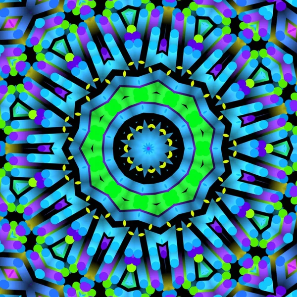 Egy Többszínű Mandala Kaleidoszkóp Szimmetrikus Mintázatának Illusztrációs Háttere — Stock Fotó