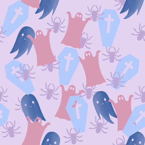 Lindo Patrón Sin Costuras Halloween Con Fantasmas Arañas Ataúdes Sobre —  Fotos de Stock