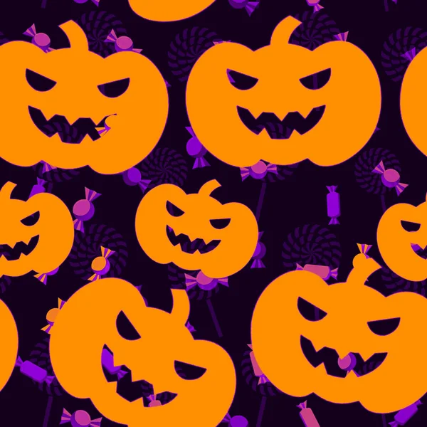 Assustador Halloween Sem Costura Padrão Com Abóboras Doces Pirulitos Fundo — Fotografia de Stock