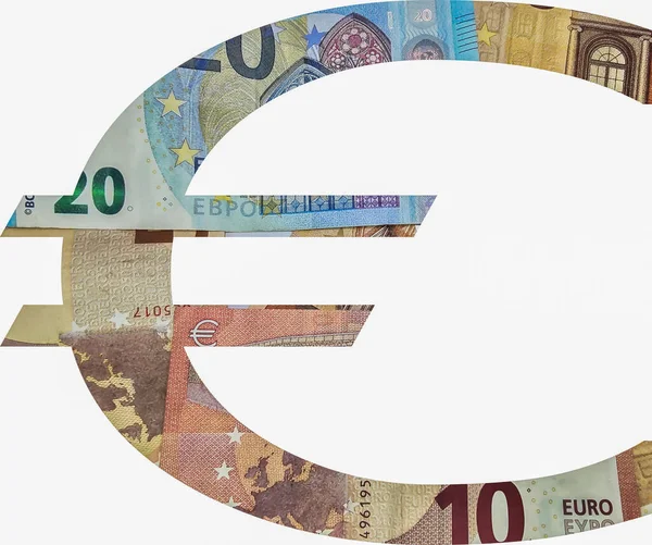 Een Eurosymbool Met Bankbiljetten Binnen Een Witte Achtergrond — Stockfoto