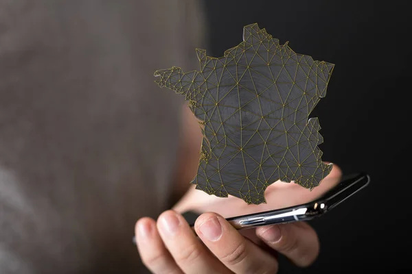 スマートフォンの上のフランスの地図の3Dイラスト — ストック写真