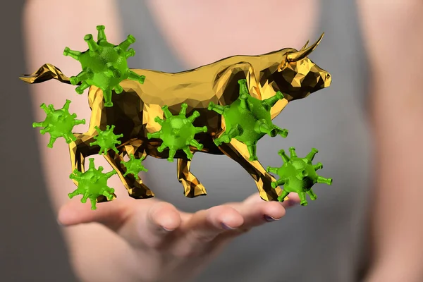 一头公牛和病毒近在咫尺的三维图解 头牛对全球经济的影响 — 图库照片