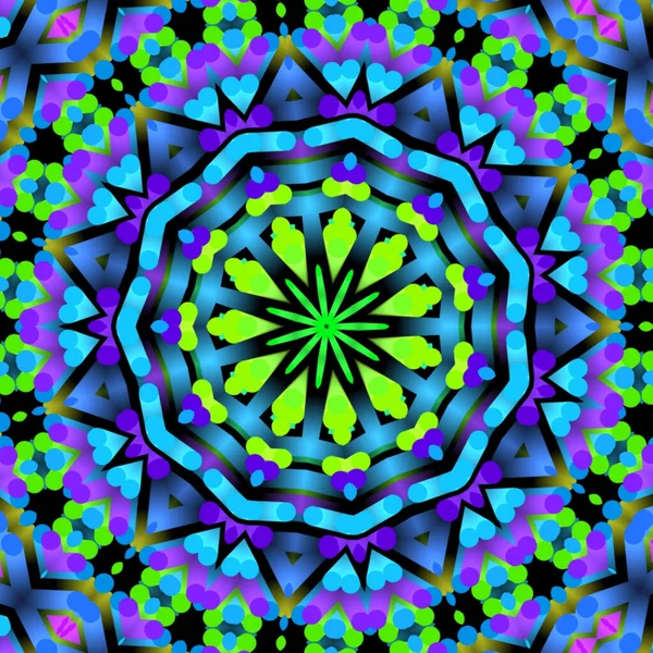 Egy Többszínű Mandala Kaleidoszkóp Szimmetrikus Mintázatának Illusztrációs Háttere — Stock Fotó