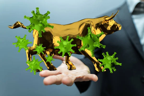 一头公牛和病毒近在咫尺的三维图解 头牛对全球经济的影响 — 图库照片