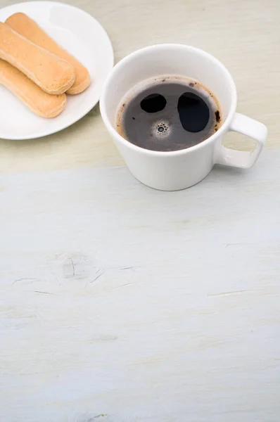 Black Coffee Mug Plate Savoiardi Biscuits White Wood Background Copy — Stock Photo, Image