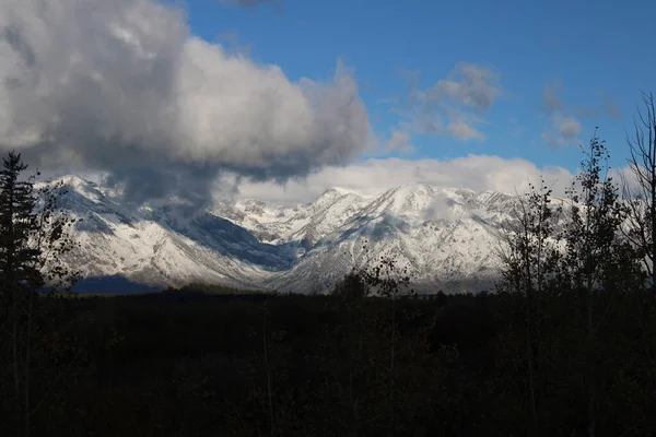 Snowy Mountain Range Surrounded Plants Cloudy Day — Stock Photo, Image