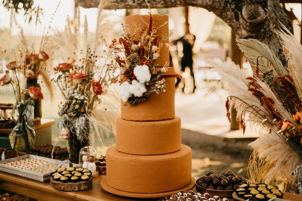 Delicioso Bolo Casamento Lindamente Decorado Mesa — Fotografia de Stock