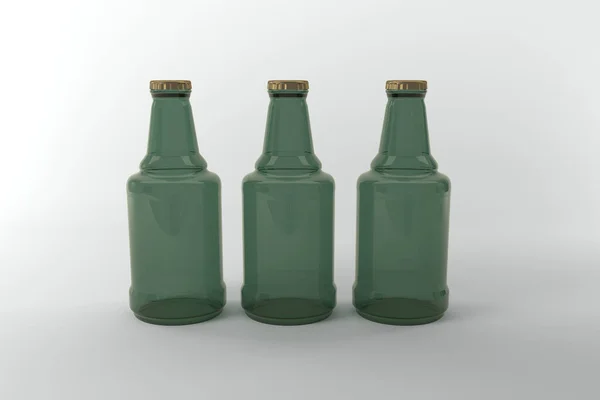 Рендеринг Зеленых Бутылок Крышками Короны Изолированы Сером Фоне — стоковое фото