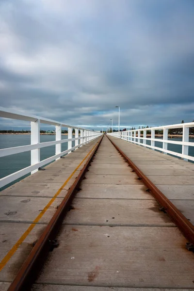 Beautiful Shot Wooden Boardwalk Leading Sea Cloudy Skie — Stock Photo, Image