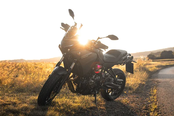 Odenwald Alemania 2021 Motocicleta Negra Puesta Del Sol —  Fotos de Stock