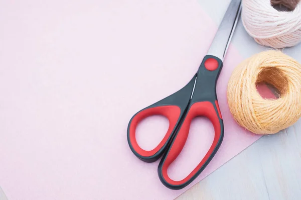 Multicolor Decoration Yarns Scissors Bright Wooden Background Copy Space — Stock Photo, Image