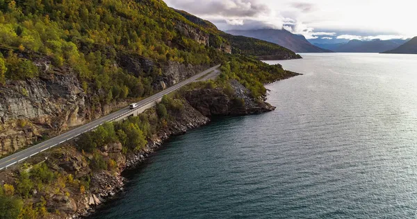 Caravan Fjord Aerial Drone Shot Camper Van Driving Road Norwegian — Stock fotografie