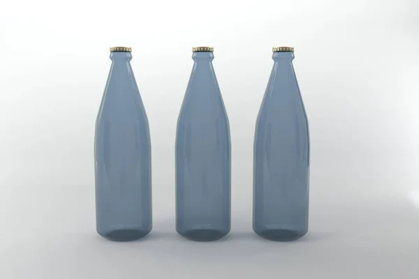 Återgivning Blå Flaskor Med Kronhattar Isolerade Vit Bakgrund — Stockfoto
