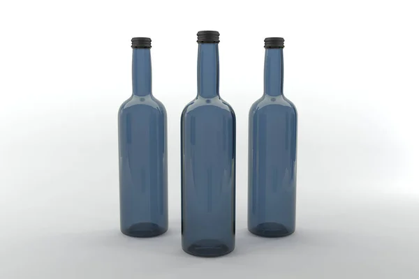 Een Weergave Van Drie Lege Blauwe Wijnflessen Geïsoleerd Lichtgrijze Achtergrond — Stockfoto