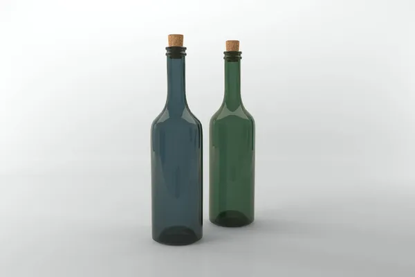 蓝色和绿色空瓶子在浅色背景下的3D渲染 — 图库照片